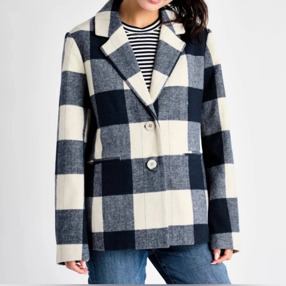 Splendid Women's Navy White Plaid Gingham Blazer Jacket Coat Warm Size Large - Picture 2 of 6